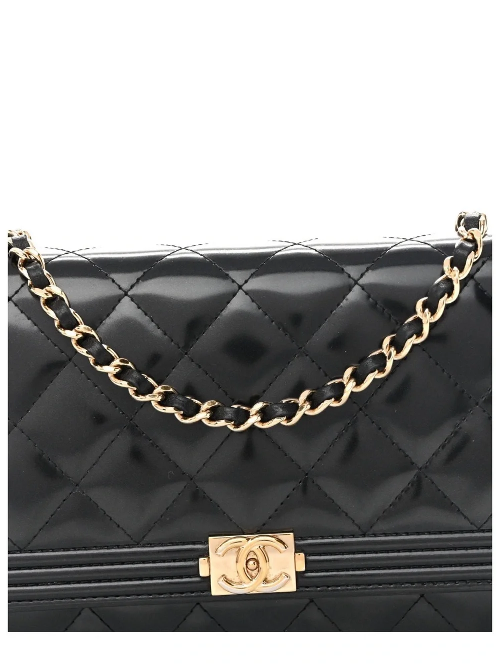 CHANEL Black Boy Quilted Leather Wallet on Chain with Gold Chain Strap